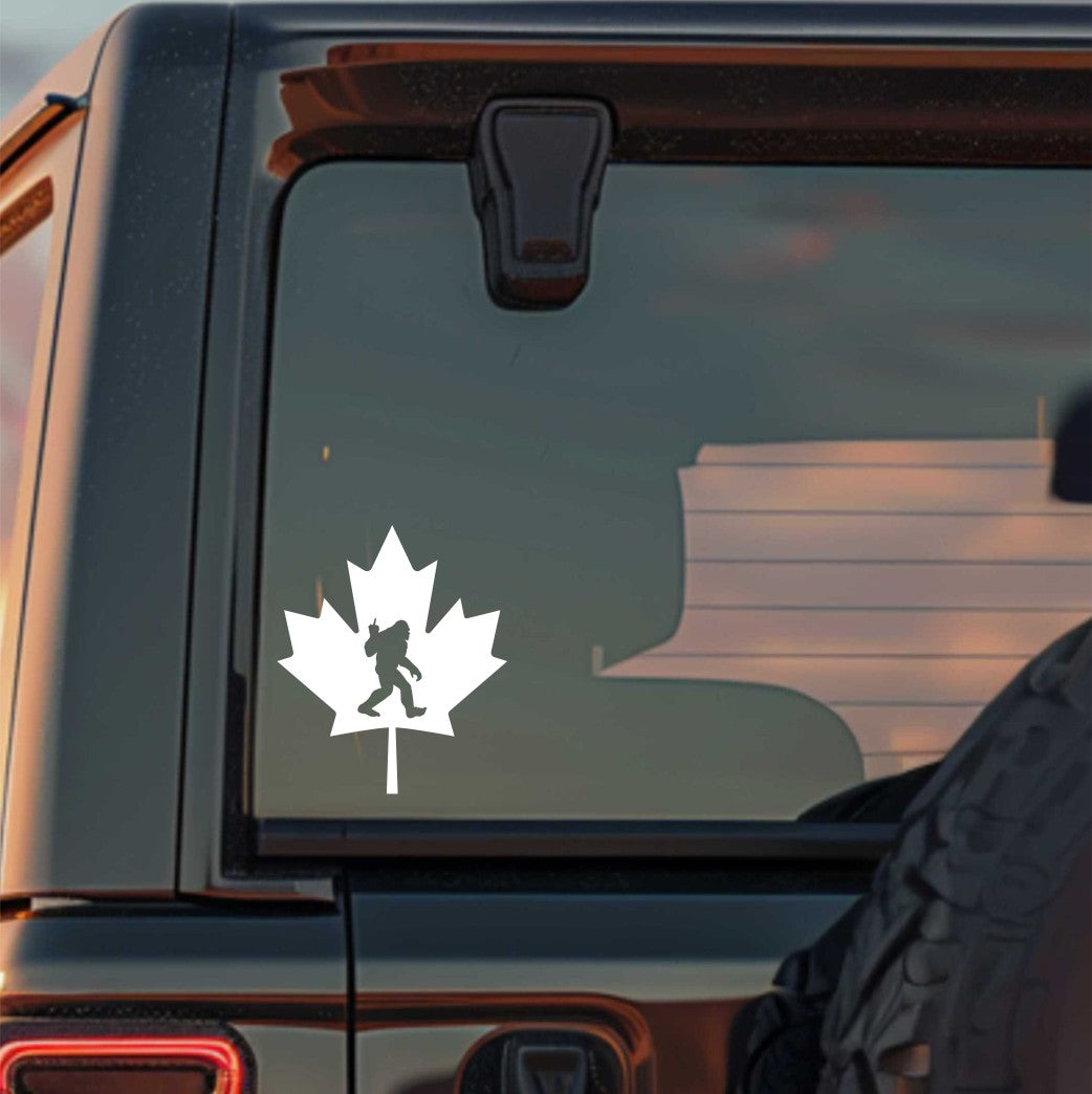Sasquatch middle finger in maple leaf decal, sticker, canada sticker, car decal