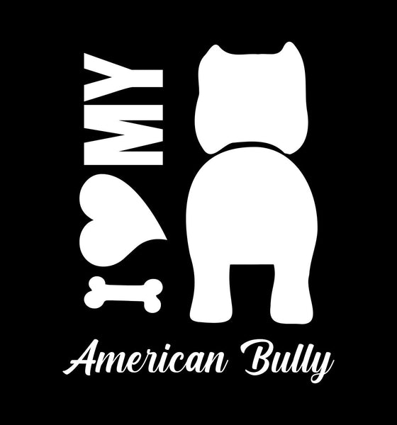 I Heart My American Bully decals. High quality die cut I heart my dog breed decals, stickers. Our I love My Dog decals