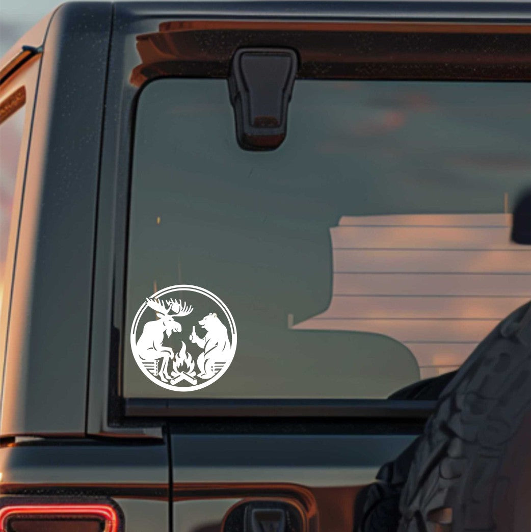 bear and moose campfire decal, sticker, canada sticker, car decal