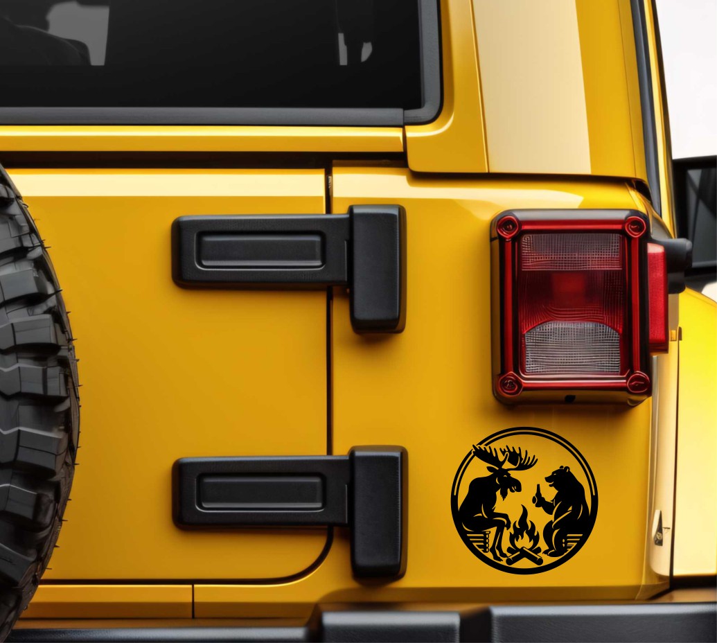 bear and moose campfire decal, sticker, canada sticker, car decal